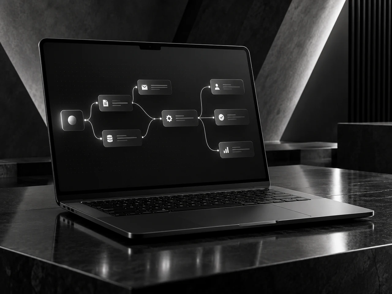 Mockup ilustrativo de um fluxo de automação conectado